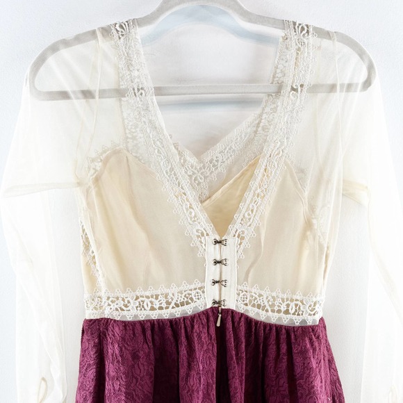 Free People V for Victoria Embroidered Lace Sleeve Mini Dress Ivory / Maroon 2 - Picture 14 of 15